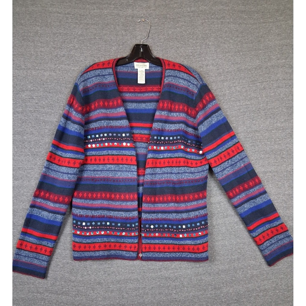 VTG St Johns Bay Womens Sweater XL Blue Red Stripe Knit Lambswool Cardigan Cabin